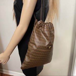Mario Valentino LOGO Coated Canvas Drawstring Brown Vintage Shoulder Backpack